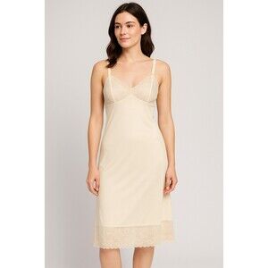 Vassarette Vintage Ivory Lace Full Slip Nylon Satin Nightgown Dress Size 32 M